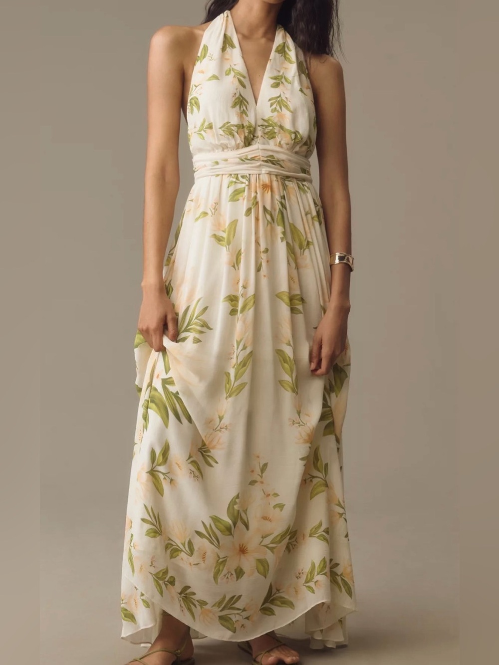 Farm Rio V Neck Floral Coastal Chiffon Backless Maxi Dress Size Medium
